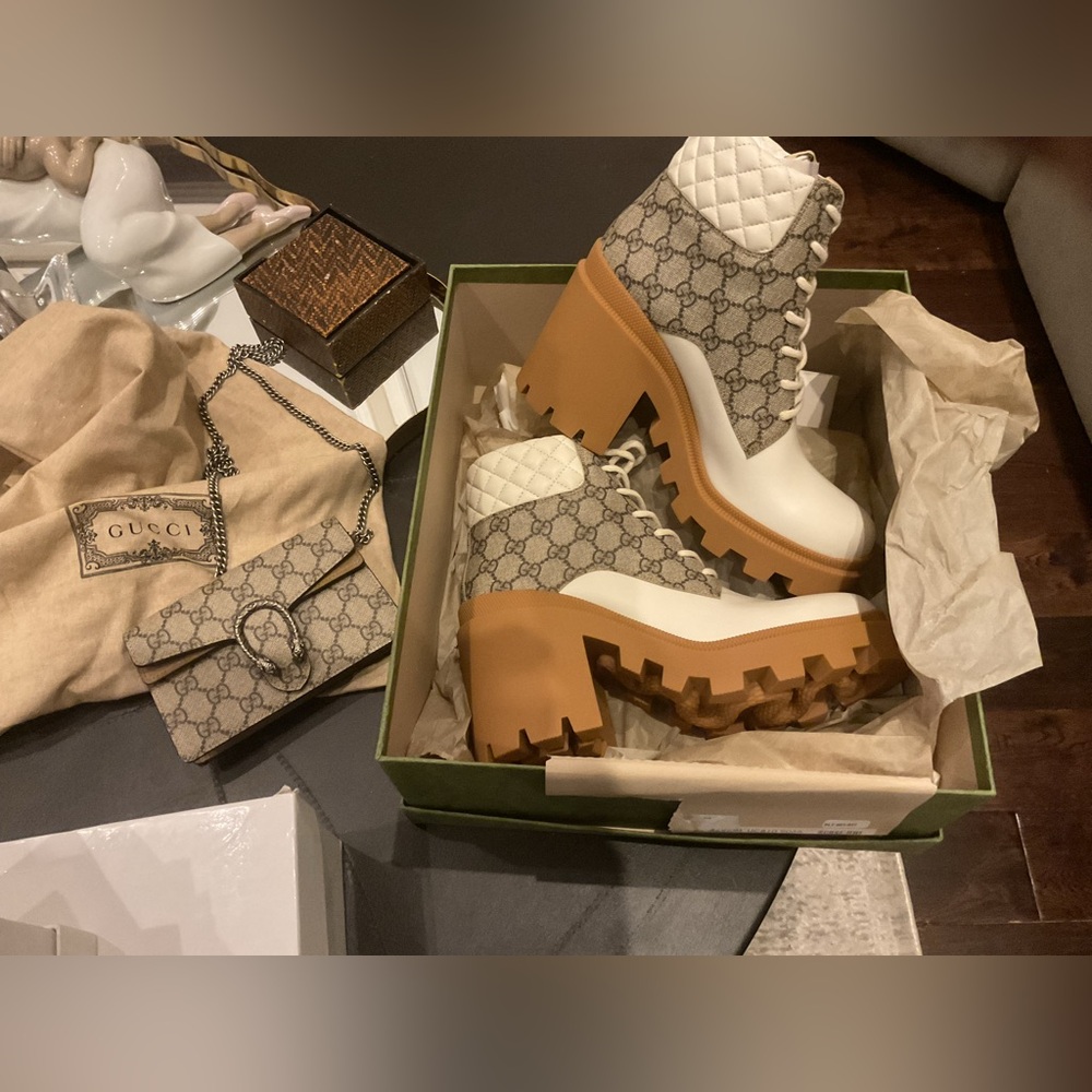 Women's Lace Up Heeled Ankle Boots GG Coated Canvas With Quilted Leather